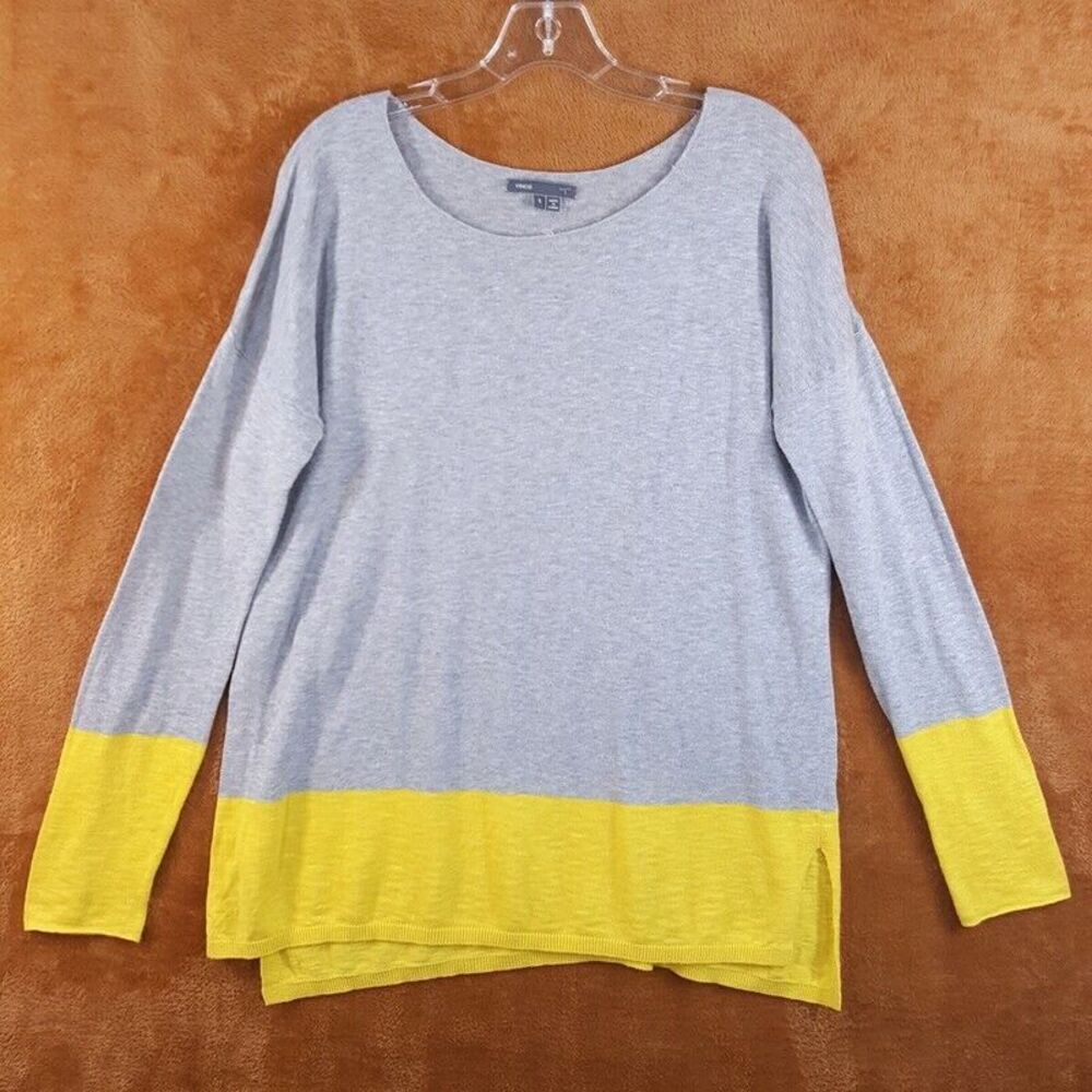 VINCE Womens Sweater Small Gray Yellow Pullover Colorblock Cotton Lightweight